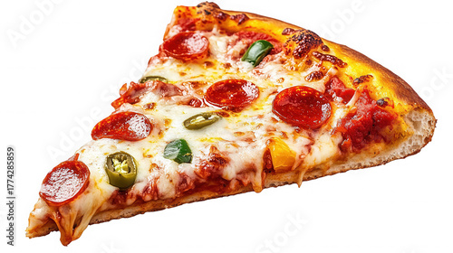 Delicious slice of pizza with pepperoni and jalapeo isolated on white isolated on transparent background