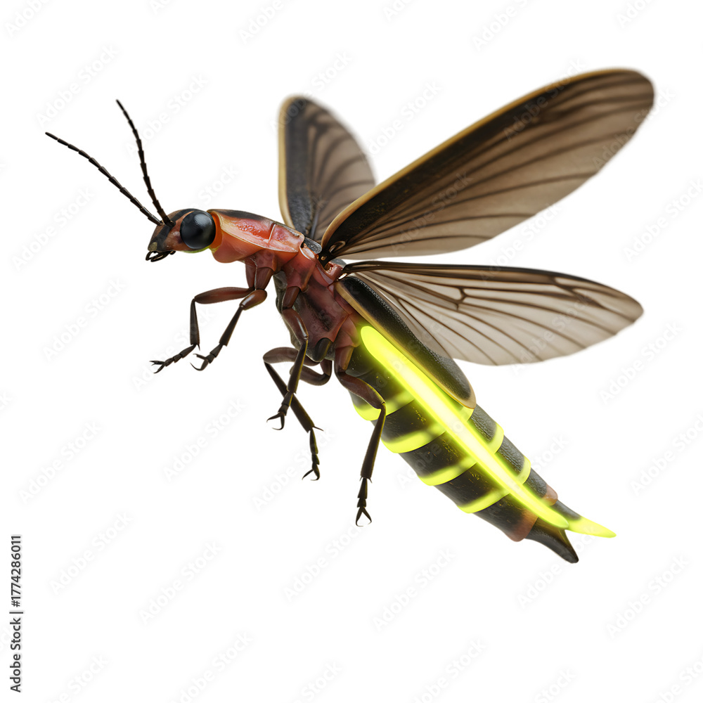 Fototapeta premium Firefly Insect Flying Bioluminescent Bug Night Glow Dark Environment Luminescence Entomological Study Lampyridae Species Animalia Close Up View