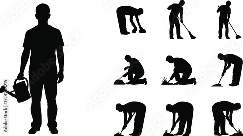 Silhouette of man gardening, watering plants, digging soil, cleaning yard, using rake and hoe, vector illustration showing farming, outdoor, and garden work activity