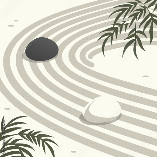 Zen garden with raked sand stones and bamboo leaves