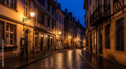 Fototapeta Naklejka Na Ścianę i Meble -  Charming Strasbourg Street at Night - A Glimpse into French Architecture.