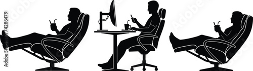 Silhouette of man relaxing and working at computer desk with drink and smartphone, modern lifestyle, technology, remote work, digital communication concept