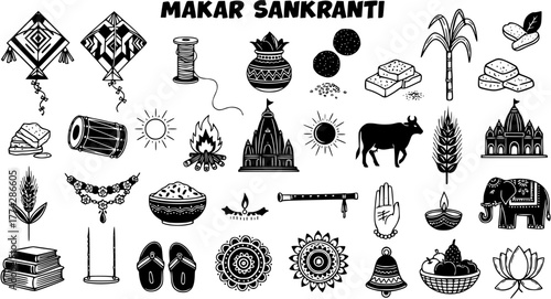 Makar Sankranti Festival Icon Collection: Traditional Indian Harvest Celebration Symbols in Black  White Doodle Style, Featuring Kites, Sweets, Sun, and Temples.