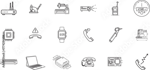 Assorted line art icons depicting various technological devices router, hand press, cnc machine, projector, walkie talkie