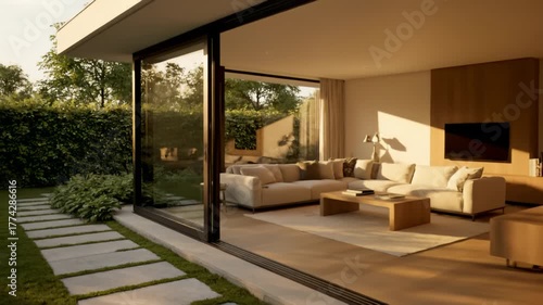 Moving Away From Luxurious House With Garden View and Open Sliding Doors