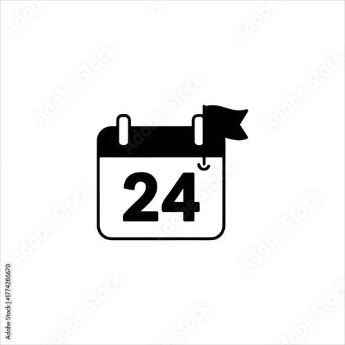 Vector a black and white calendar icon with the number 24 prominently displayed, featuring a small flag attached to the top right corner.