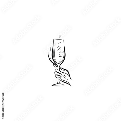 Vector hand holding a flute of champagne with bubbles