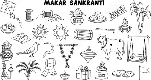 Makar Sankranti festival elements, traditional Indian harvest celebration doodle icons set with kites, sweets, sugarcane, bonfire, and festive objects.