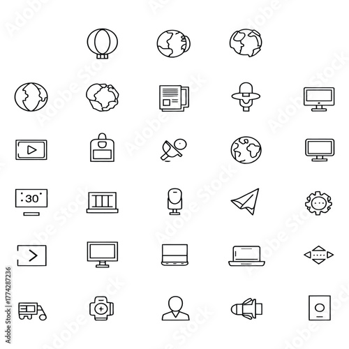 Comprehensive Line Icons Pack for Global News Media and Communication Technology