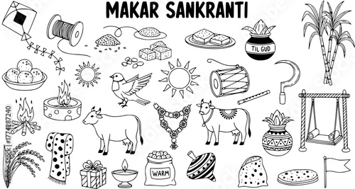 Makar Sankranti Doodle Set: Traditional Indian Harvest Festival Elements - Kites, Sweets, Sun, Cow, Sugarcane, and Festive Objects in Black  White Line Art