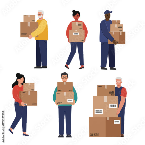 Successful online orders fulfillment is illustrated by people carrying large brown shipping boxes and packages in this modern 2D flat design vector illustration on a clean white background.