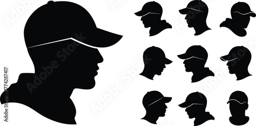 Silhouette of man wearing cap, side profile vector illustration, male head in baseball hat, casual fashion concept, sportswear and lifestyle design