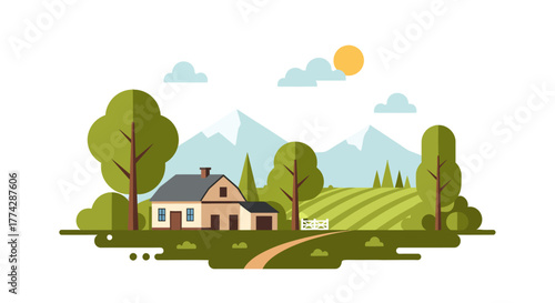 A charming illustration of a house nestled in a vibrant countryside landscape, with rolling hills and trees.