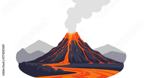 A volcano erupts, spewing lava and smoke against a backdrop of mountains.