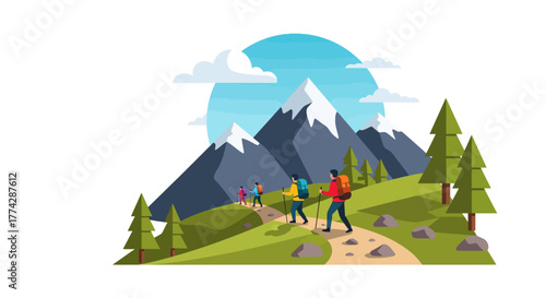 Group of people hiking a mountain trail with backpacks, surrounded by trees and snowy peaks under a sunny sky.