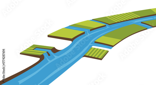 A stylized illustration of a river flowing through green fields, depicting an aerial view of a waterway and landscape.