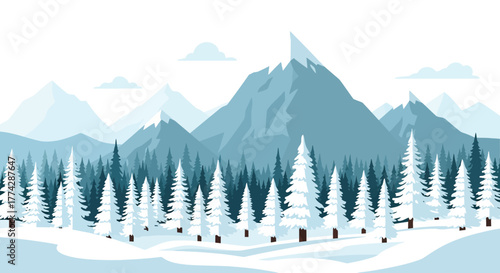 Winter landscape illustration with snow-covered pine trees and majestic mountains under a cloudy sky.
