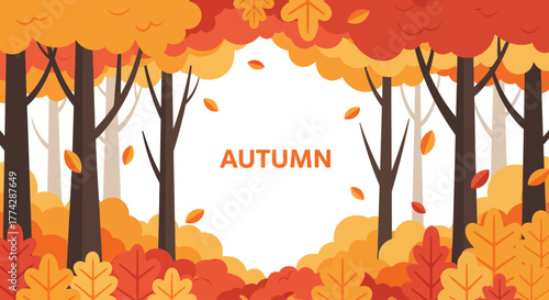 Autumn illustration featuring trees with colorful foliage and falling leaves framing the word "AUTUMN" in the center.