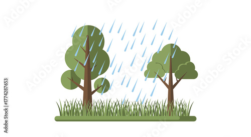 Illustration of two trees and grass with rain falling from the sky.