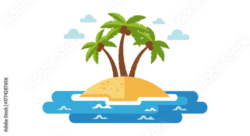 A small, sandy island with three palm trees surrounded by blue water and a few clouds in the sky.