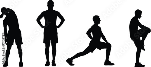 Silhouette of men stretching and exercising, male fitness poses in sportswear, workout warm-up positions, athletic body training vector illustration, black outline design