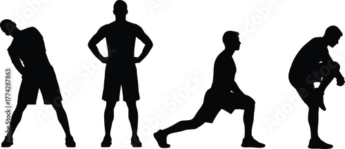 Silhouette of men stretching and exercising, male fitness poses in sportswear, workout warm-up positions, athletic training vector illustration, gym body exercise design, black outline
