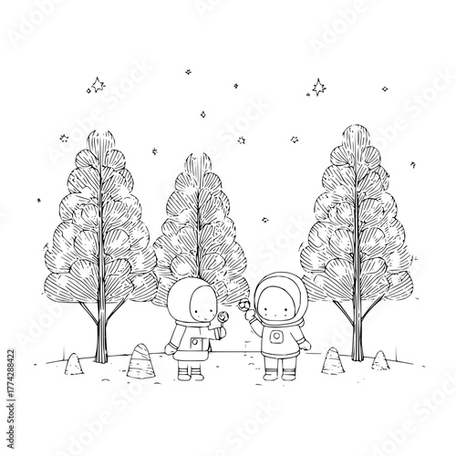 Astronauts in winter forest coloring page for kids and adults space themed activity fun and educational 100