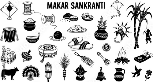 Makar Sankranti Indian Harvest Festival Elements and Symbols - Traditional Celebration Icons, Black and White Line Art Illustration