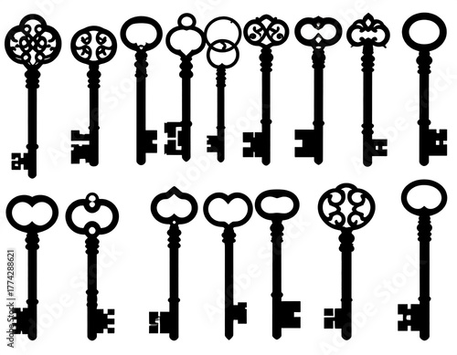 Silhouette image of ornate antique keys, arranged in a pattern