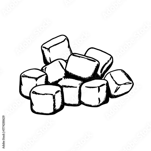 Isolated marshmallows illustration for food design elements sweet dessert treats and confectionery concept art, 100 characters