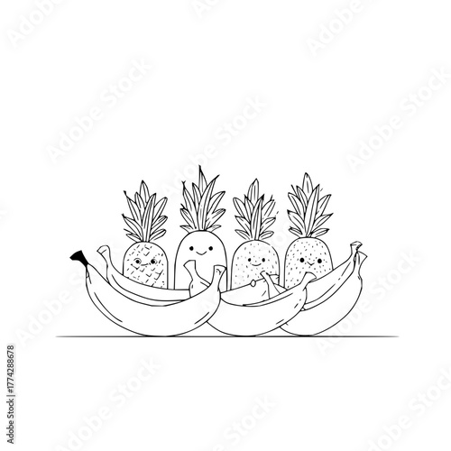 Cute pineapple and banana fruit vector illustration tropical food design healthy eating summer vacation party 100