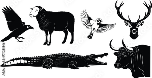 Mixed animal silhouette set, black vector icons of crow, sheep, bird, deer, crocodile, and bull for nature and farm themes