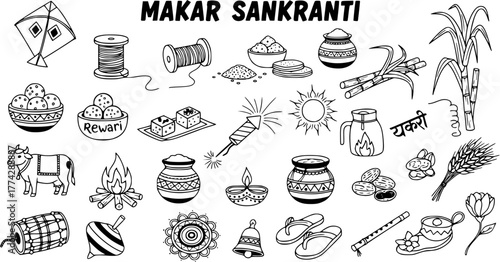 Makar Sankranti festival doodle set. Hand-drawn outline illustrations of traditional Indian harvest celebration symbols: kites, sweets, sugarcane, bonfire, sun, and ritual items.