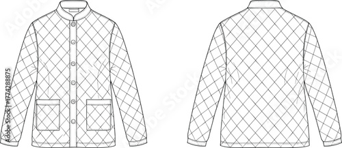 Front and back technical sketch of quilted jacket, diamond pattern, round neckline, patch pockets, fashion flat drawing, garment construction, apparel design