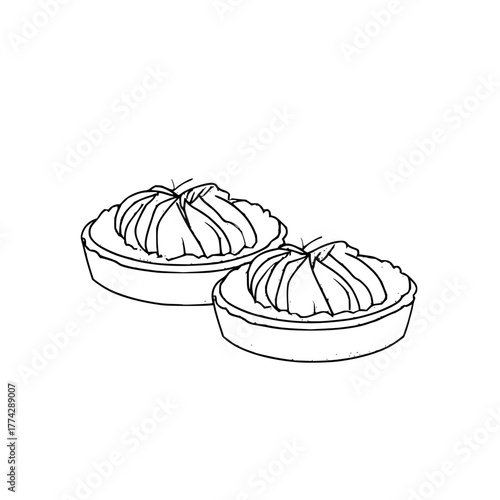 Outline drawing of two delicious tarts with cream filling dessert food pastry sweet treat bakery 100