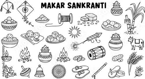 Makar Sankranti Festival Doodle Set - Hand-Drawn Traditional Indian Harvest Celebration Elements Collection