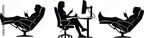 Silhouette of people relaxing and working with smartphone and computer, man and woman sitting in chairs, technology, lifestyle, communication concept illustration