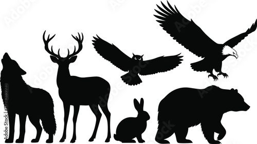 Wild animal silhouette set, black vector icons of wolf, deer, owl, rabbit, bear, and eagle for forest and nature themes