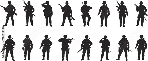 Military soldier silhouettes in combat poses with rifles, helmets, and gear — ideal for defense, army, war, strategy, and tactical design projects on Adobe Stock