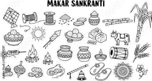 Makar Sankranti Festival Doodles and Icons. Hand-drawn collection of traditional Indian harvest celebration elements.
