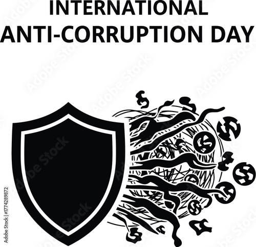 International anticorruption day illustration with shield protecting from corruption