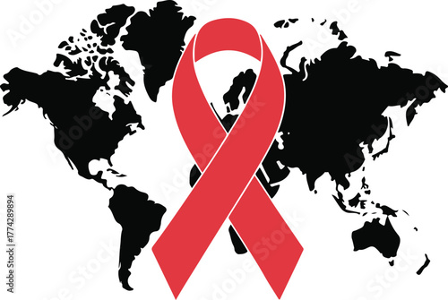 Red awareness ribbon on a global map for health campaigns