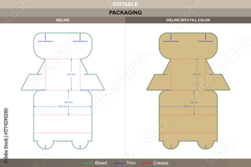 Display box packaging dieline crafted using structured vector drawing ensuring printing uniformity and packaging support bevel shaped die line edges strengthen lower section