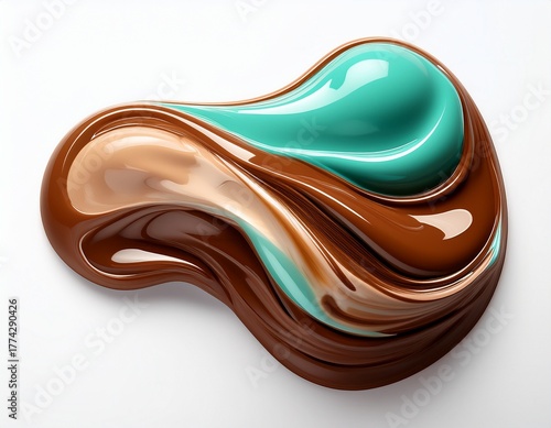 Luxurious swirl of rich chocolate and vibrant turquoise liquid creating a stunning abstract fluid motion, perfect for elegant food and beverage designs