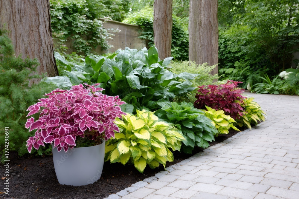 Naklejka premium Lush garden landscaping featuring vibrant coleus and hosta plants