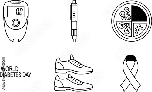 World Diabetes Day awareness icons Glucose meter, pen, blood sample, running shoes, and ribbon symbol