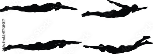 Silhouette swimmer illustration, man swimming poses, athlete motion sequence, swimming technique vector, freestyle action design, aquatic sport concept, body movement art, black silhouette artwork