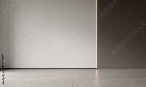 The moderrn minimal empty living room and white and wooden wall background. 3d rendering