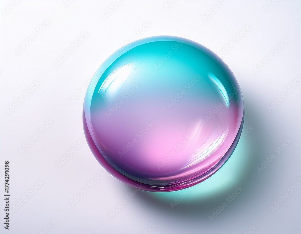 Obraz premium Captivating iridescent sphere with smooth gradient transition from vibrant teal to soft pink, casting a subtle shadow on a clean white background, perfect for modern design and abstract concepts.