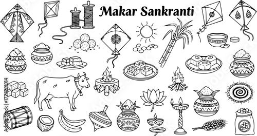 Makar Sankranti doodle line art collection with traditional Indian festival elements like kites, sugarcane, sweets, cow, bonfire, and diyas in a hand-drawn black and white style.